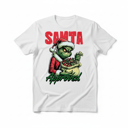 Santa Approved Grinch design on a white t-shirt