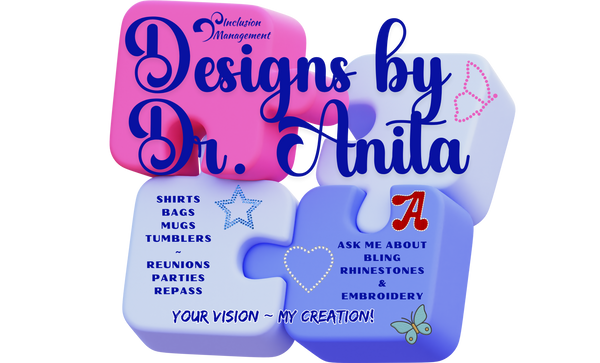 Promotional materials for 'Designs by Dr. Anita' with colorful text and graphics on a white background.