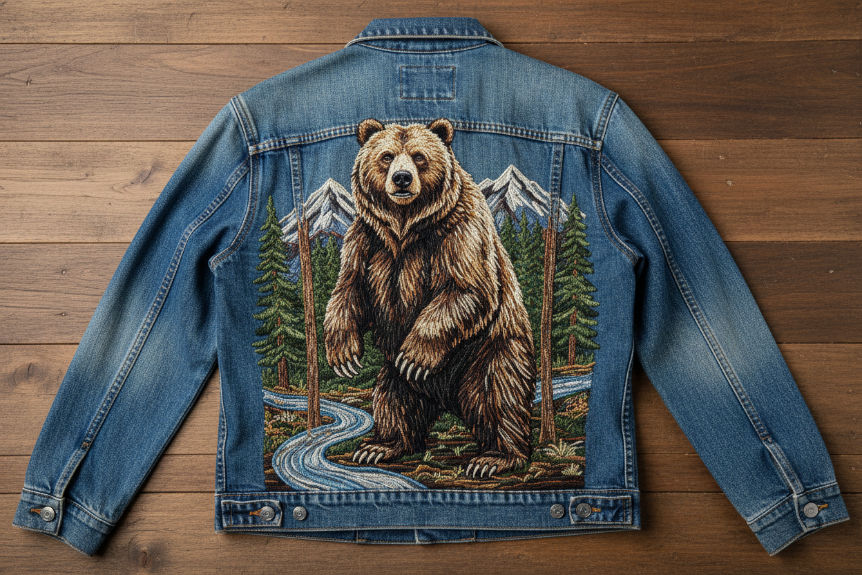 Embroidered Jean jacket with a large bear on the back