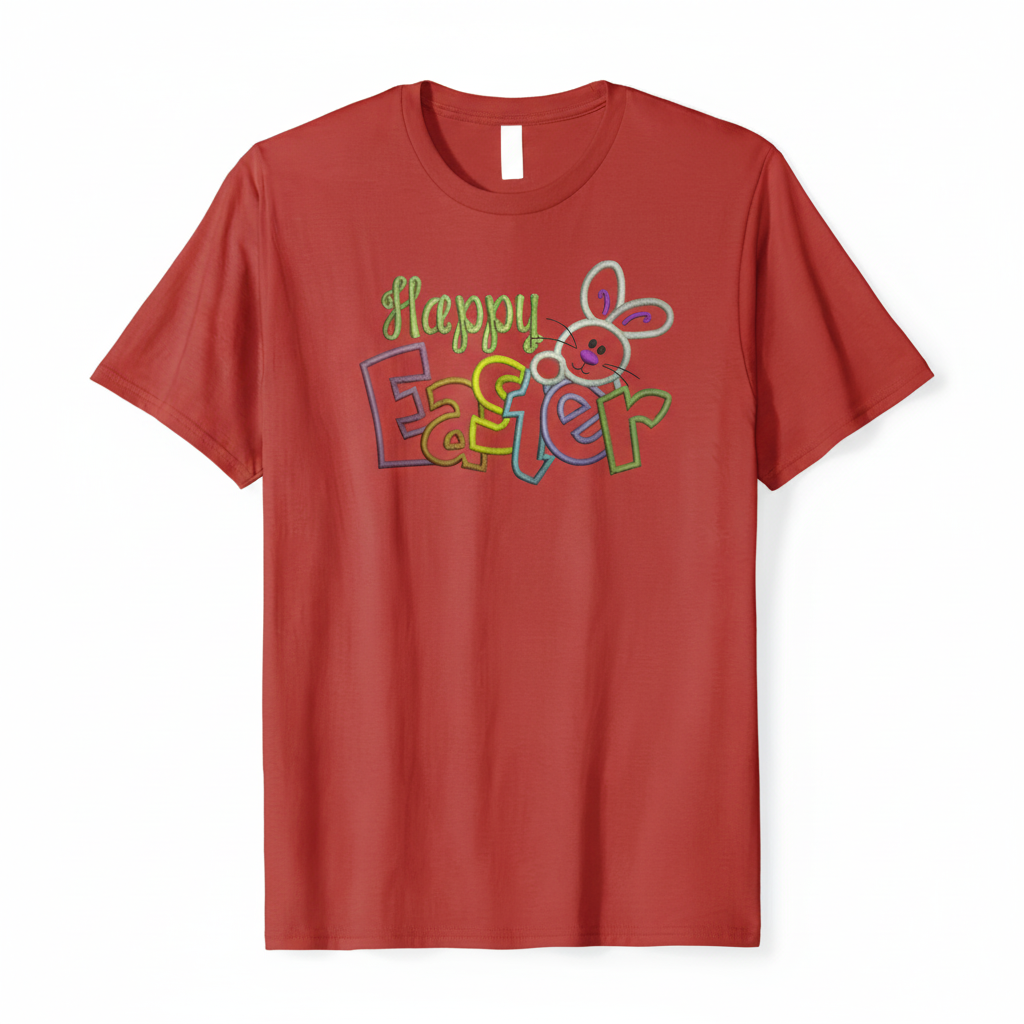Happy Easter embroidered-style bunny design on a red t-shirt