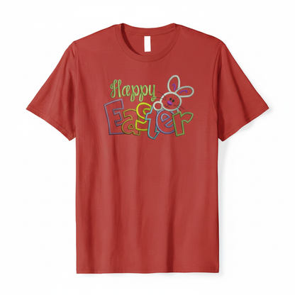 Happy Easter embroidered-style bunny design on a red t-shirt