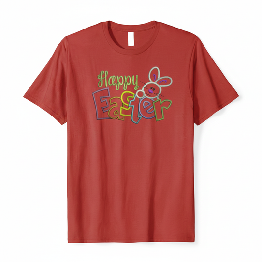 Happy Easter embroidered-style bunny design on a red t-shirt
