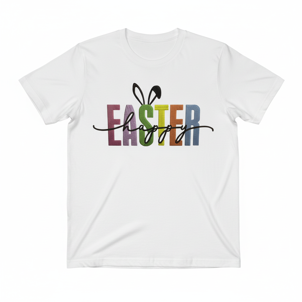 Bold embroidered EASTER block letters with bunny ears on a white t-shirt