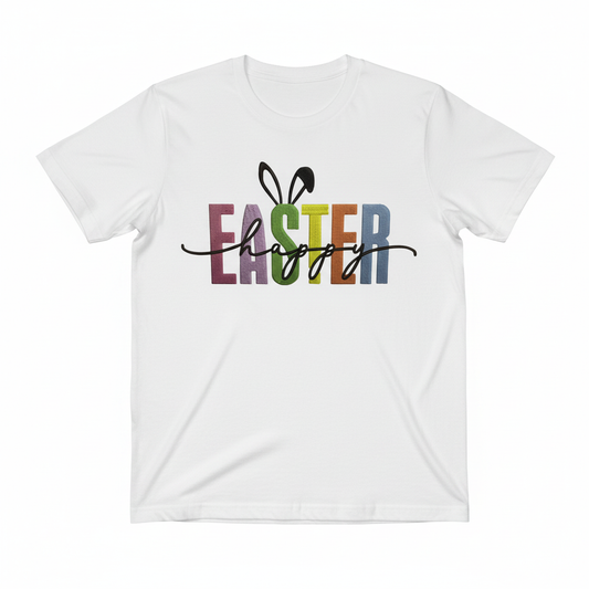 Bold embroidered EASTER block letters with bunny ears on a white t-shirt