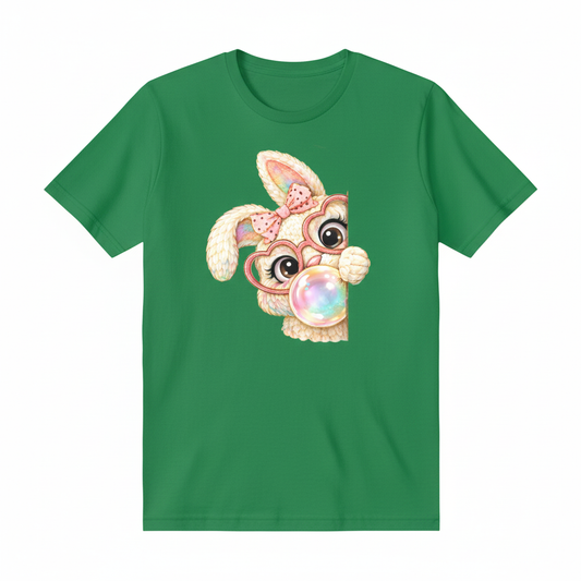 Peekaboo bunny with heart glasses and bubble gum on a green t-shirt
