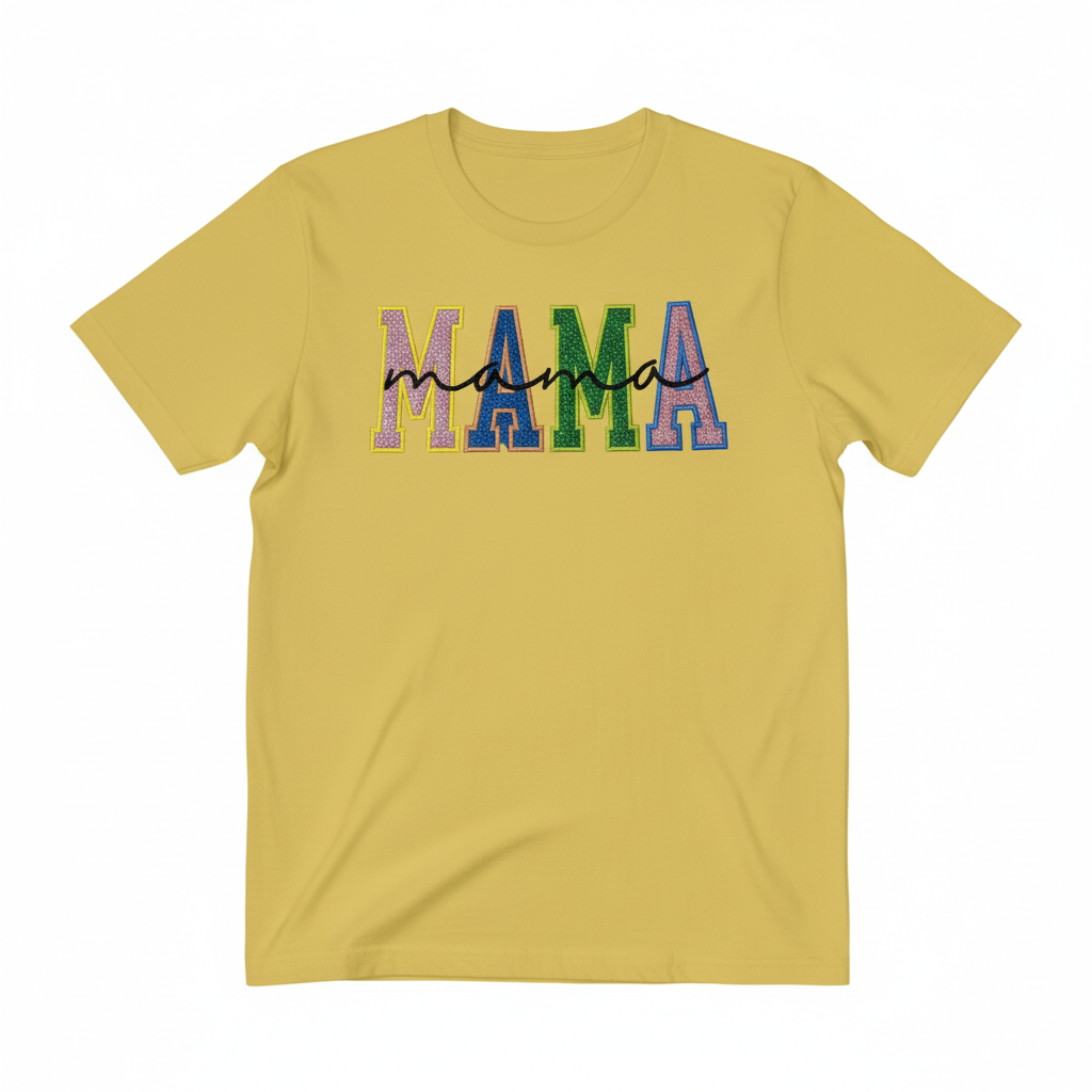 Glitter varsity MAMA block letters with cursive script on a yellow t-shirt