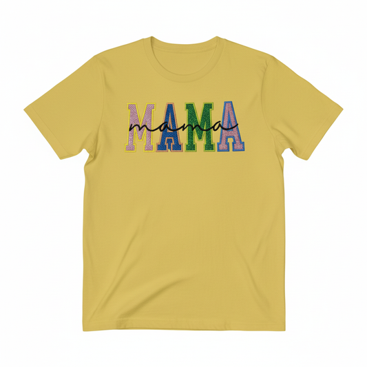 Glitter varsity MAMA block letters with cursive script on a yellow t-shirt