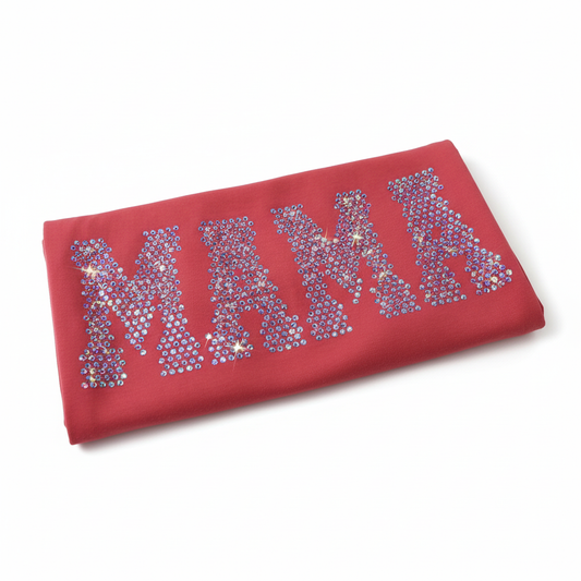 Sparkling iridescent rhinestone MAMA design on a red t-shirt
