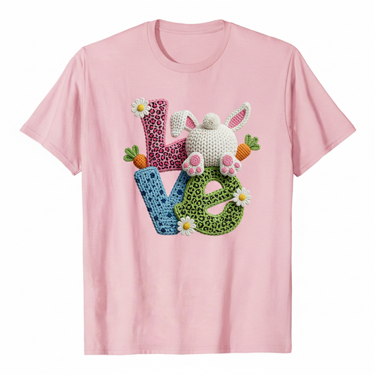 LOVE crochet and leopard print bunny design on a pink t-shirt