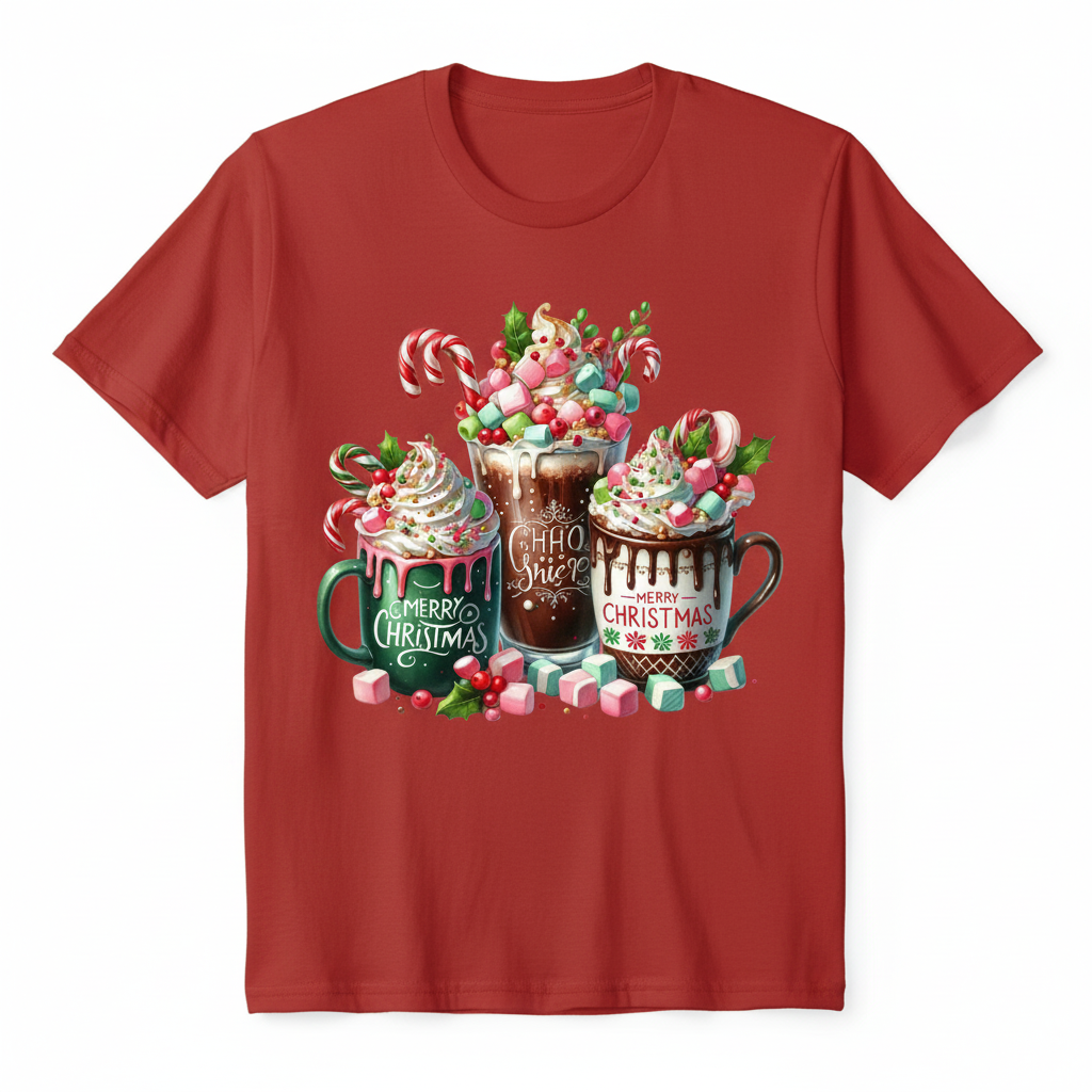 Merry Christmas hot cocoa mugs design on a red t-shirt