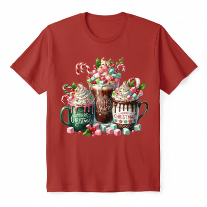 Merry Christmas hot cocoa mugs design on a red t-shirt