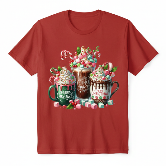 Merry Christmas hot cocoa mugs design on a red t-shirt