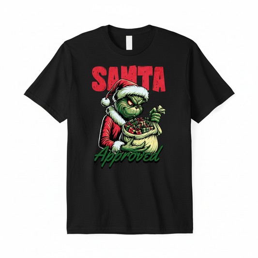 Santa Approved Grinch design on a black t-shirt