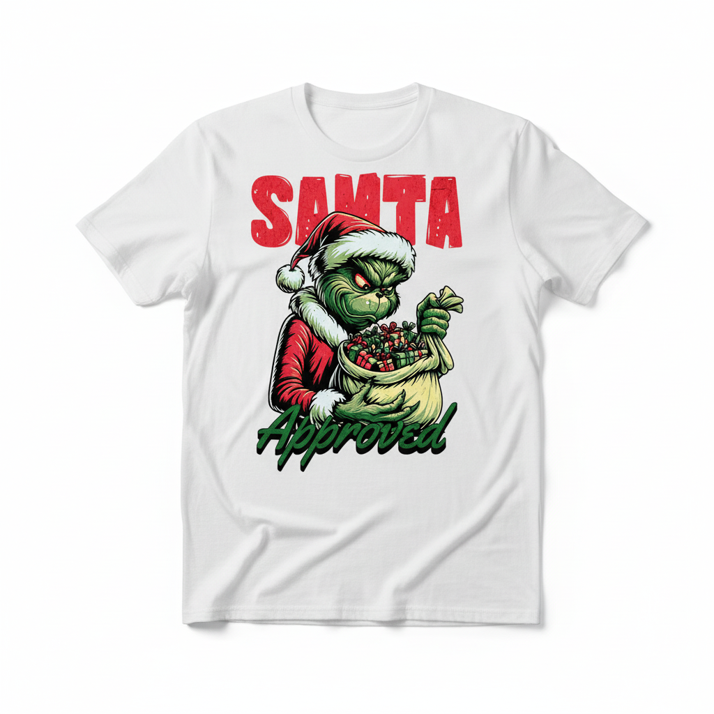 Santa Approved Grinch design on a white t-shirt