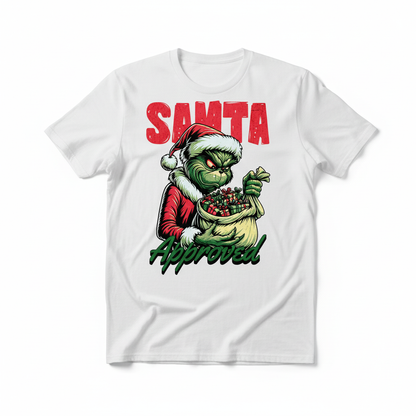 Santa Approved Grinch design on a white t-shirt