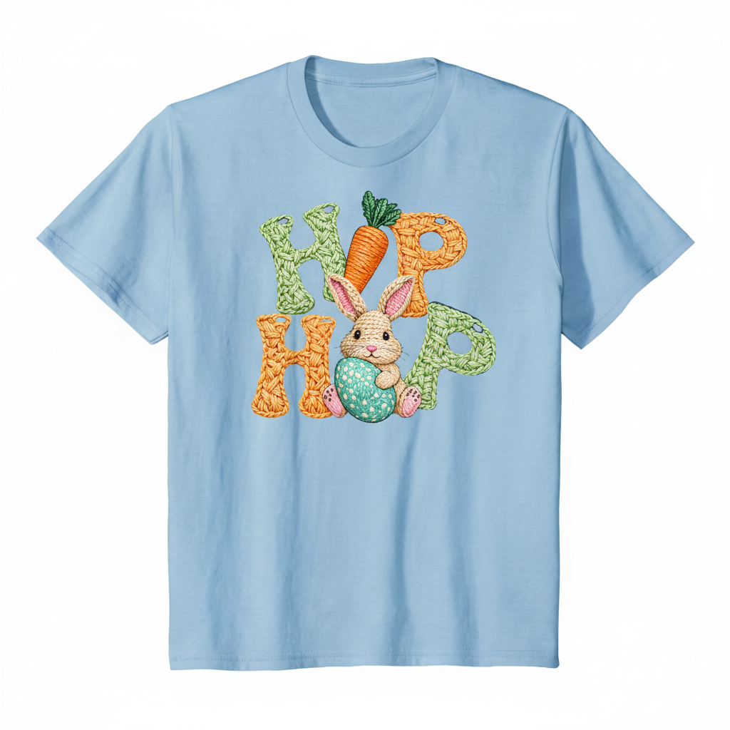 Hip Hop knit-style Easter graphic on a light blue t-shirt