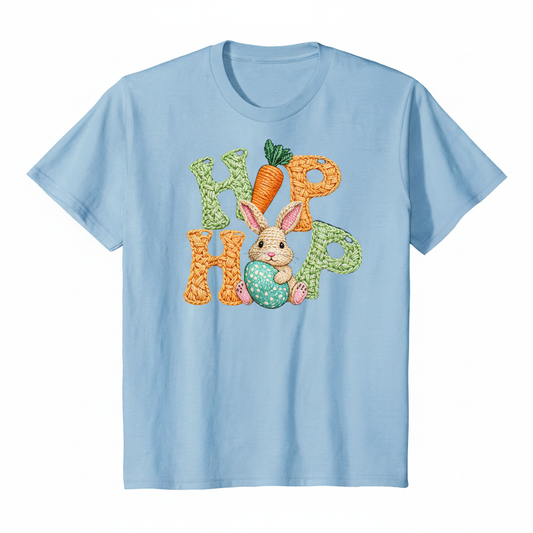 Hip Hop knit-style Easter graphic on a light blue t-shirt