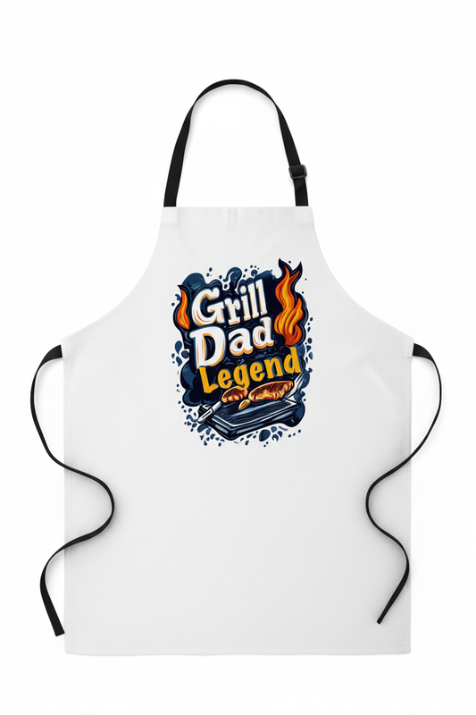 Grill Dad Legend design on a white apron