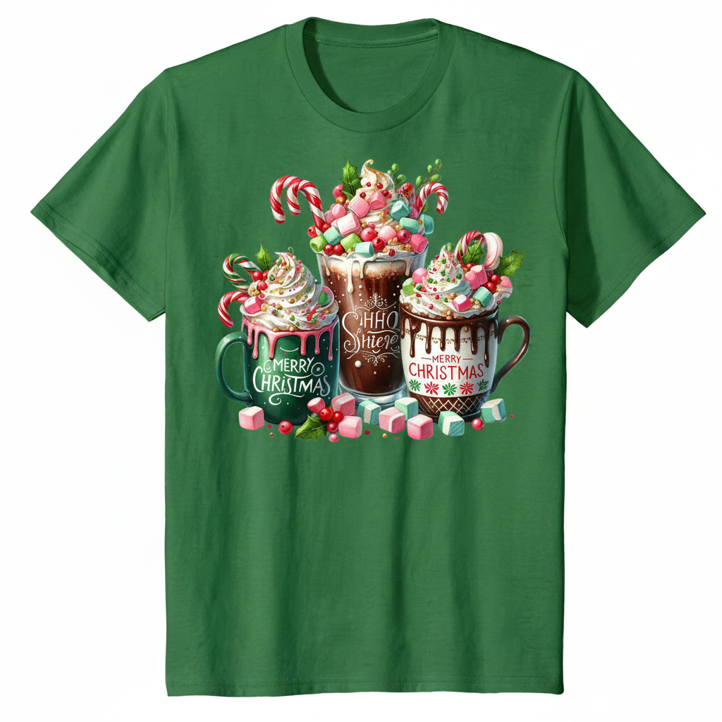Merry Christmas hot cocoa mugs design on a green t-shirt