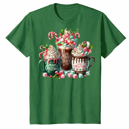 Merry Christmas hot cocoa mugs design on a green t-shirt