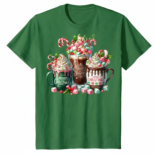Merry Christmas hot cocoa mugs design on a green t-shirt