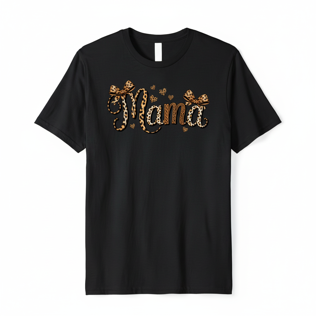 Leopard print cursive Mama design with bows and hearts on a black t-shirt