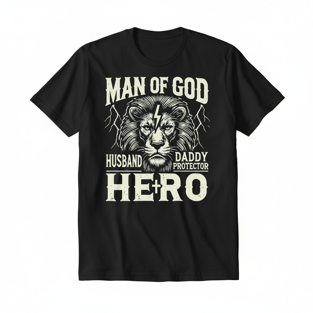 Man of God lion hero design on a black t-shirt