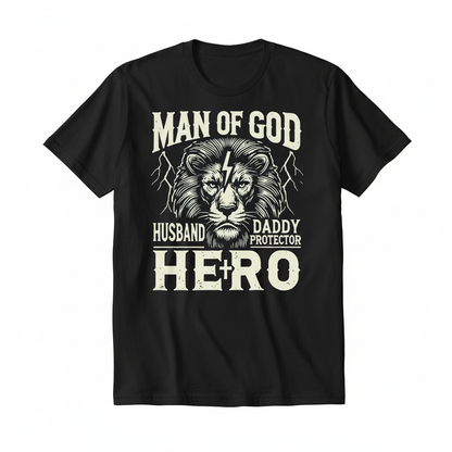 Man of God lion hero design on a black t-shirt