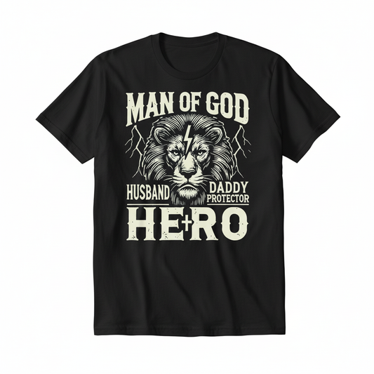 Man of God lion hero design on a black t-shirt