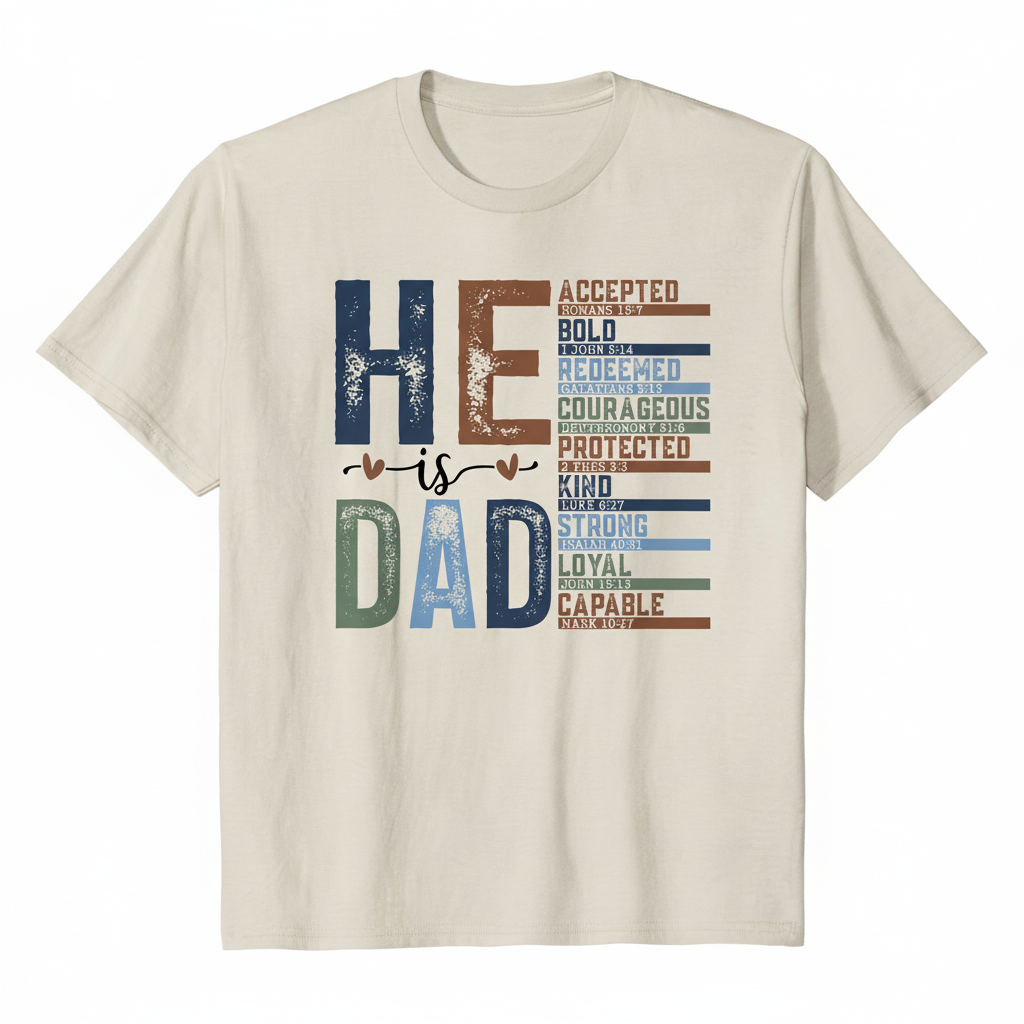 He is Dad Bible verse design on a beige t-shirt