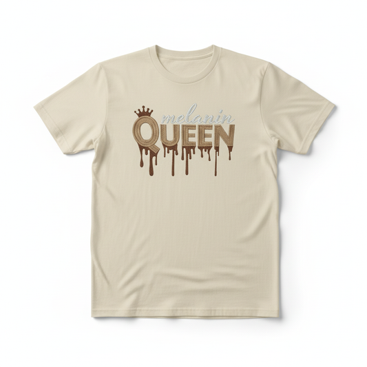 Gold and brown drip Melanin Queen design with crown on a cream t-shirt