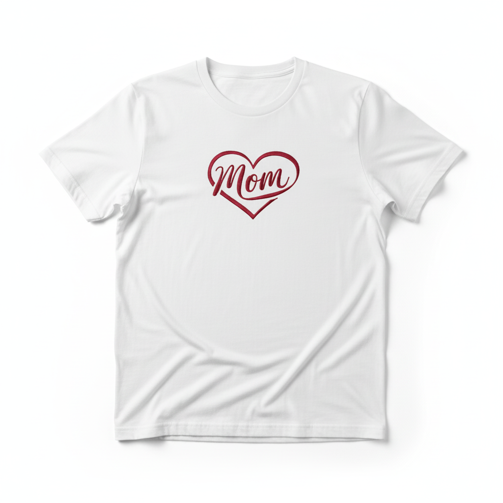 Embroidered-style cursive Mom inside a heart on a white t-shirt