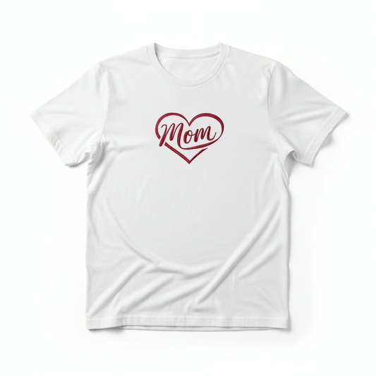 Embroidered-style cursive Mom inside a heart on a white t-shirt