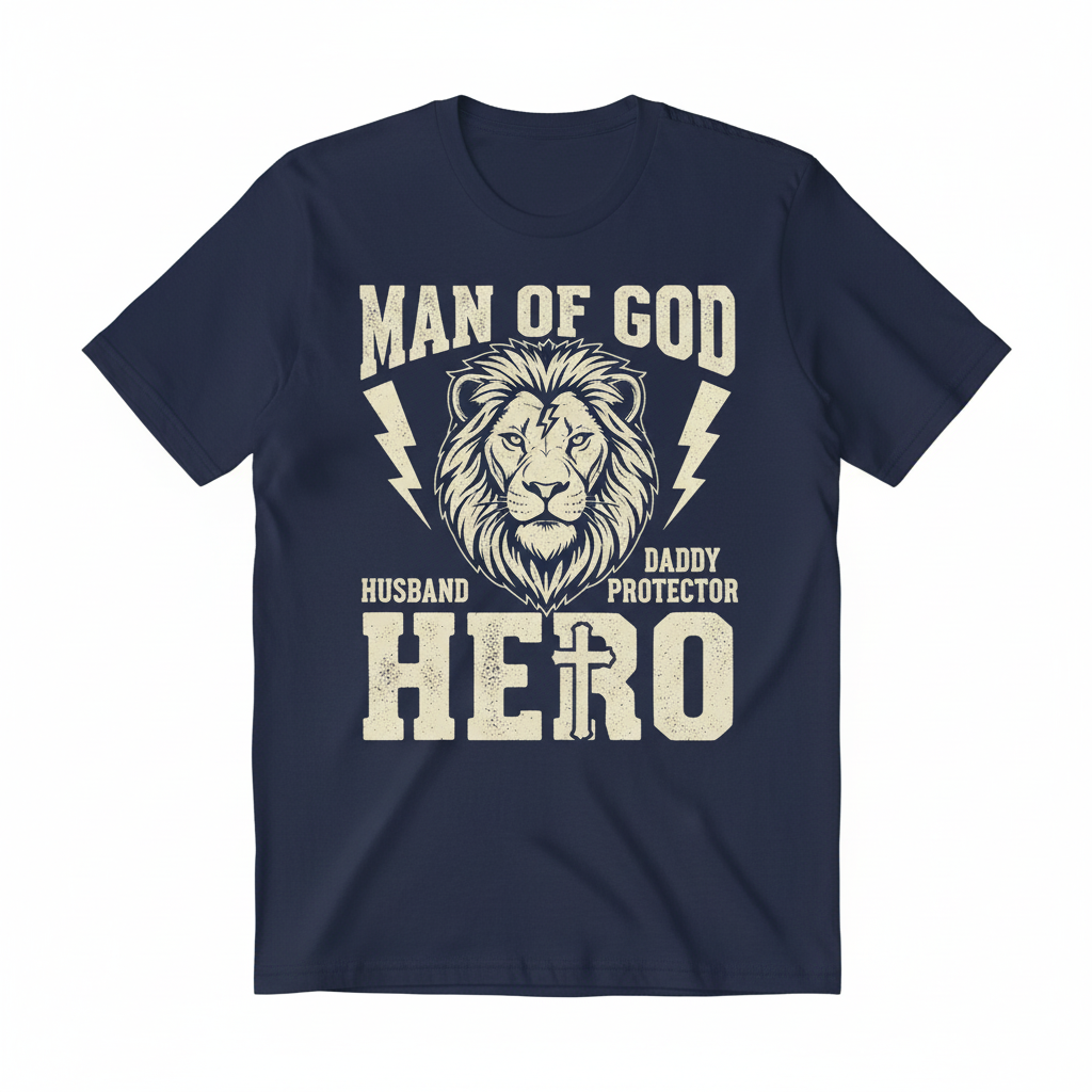 Man of God lion hero design on a navy blue t-shirt