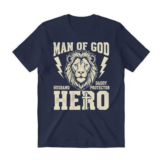 Man of God lion hero design on a navy blue t-shirt