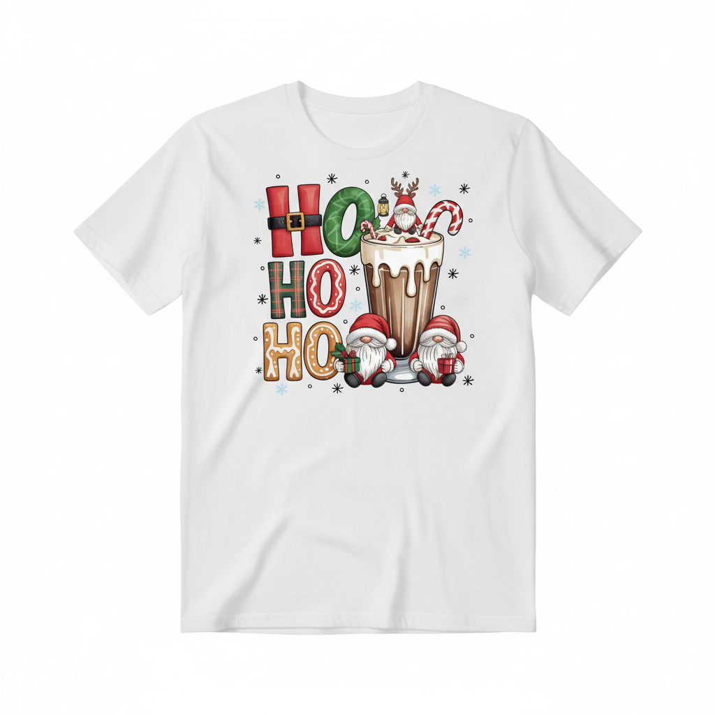 Ho Ho Ho gnomes and hot cocoa design on a white t-shirt