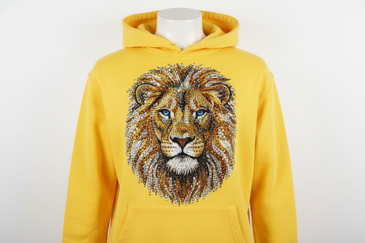 yellow hoodie with large lion rhinestone design on front